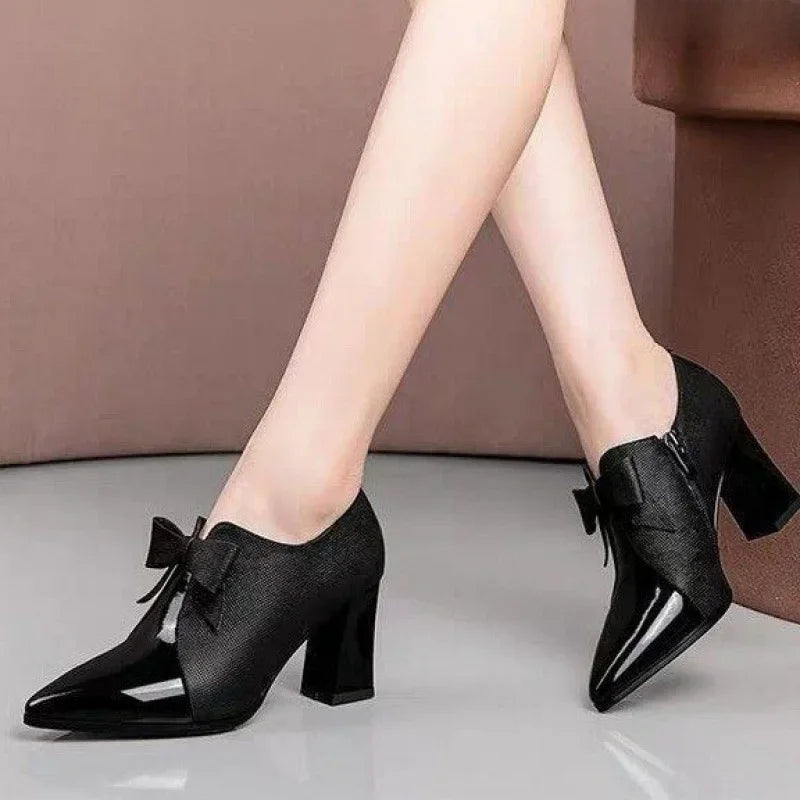 5cm Deep Mouth High Heels Women's Spring Autumn New Fashion Bow Versatile Elegant Pointed Thick Heel Single Shoes Women