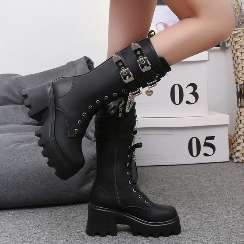 Fashion Leather Gothic Boots Women Luxury Brand Buckle Chain High Heels Long Boots Autumn Ladies Motorcycle Boots Botas Mujer