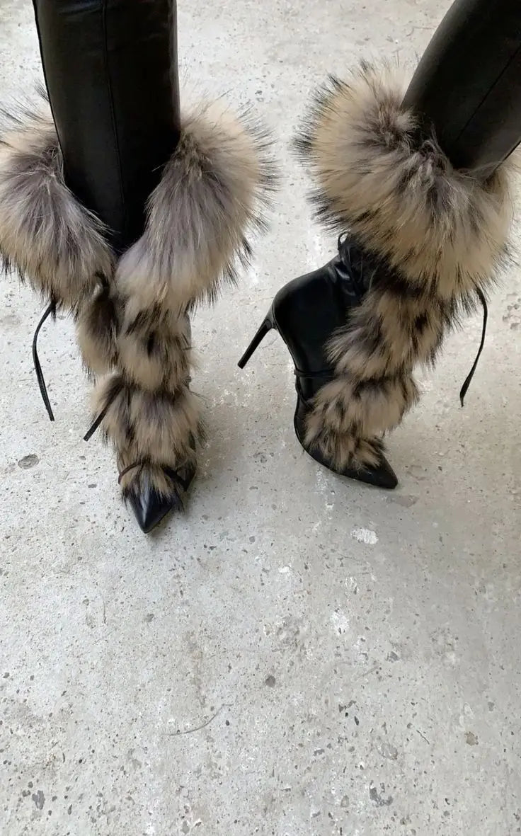 Pointed Toe Fur Mid Calf Boots Stiletto Heels Ankle Straps Fashion Warm Shoes In Winter Solid Plush Sexy Party Dress Shoes