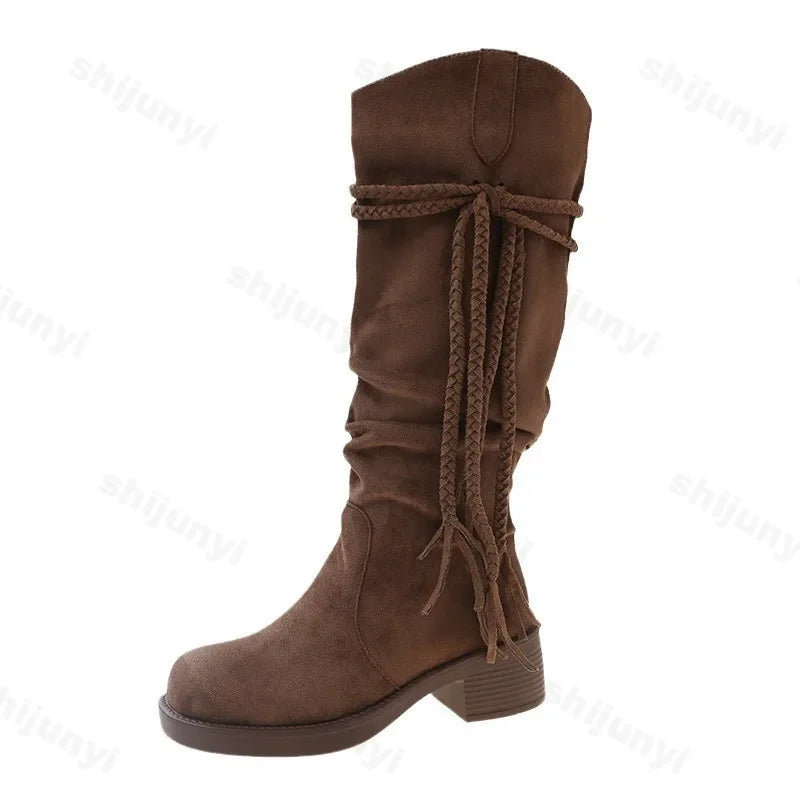 Women Suede Knee High Boots New Fashion Tassels Western Cowboy Boots Round Toe High Heels Shoes Roman Female Long Boots