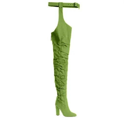 Women Sexy Side Zipper Thigh High Boots Female Belt Trousers Boots Ladies Flock Pointed Toe Suqare High Heels Boots