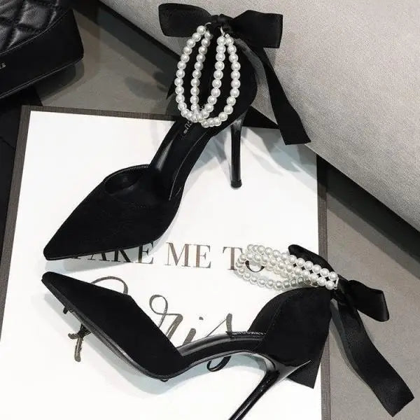 Beige Heeled Pump 2024 Women's Shoes Closed Toe Black High New Comfort Retro Block Pearl Clear Spring Girls Solid PU Pumps Co
