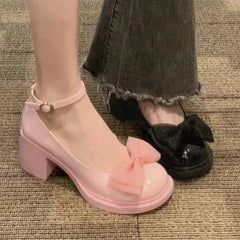 Design Summer Mary Jane Shoes Round Toe Women Shallow Single Shoes Women Fashion Bowtie Party Dress Square Heel Shoes