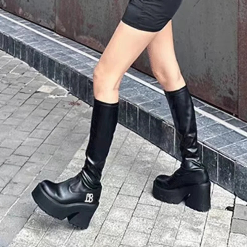 Round Toe Shoes for Women Wedge Heel Footwear Platform Winter Knee High Shaft Long Ladies Boots Spring on Promotion