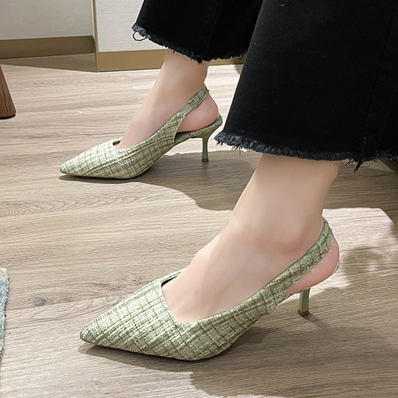 Brand Designer Slingbacks High Heels Pumps Women Blue Pointed Toe Party Shoes for Woman Summer Thin Heeled Sandals Ladies