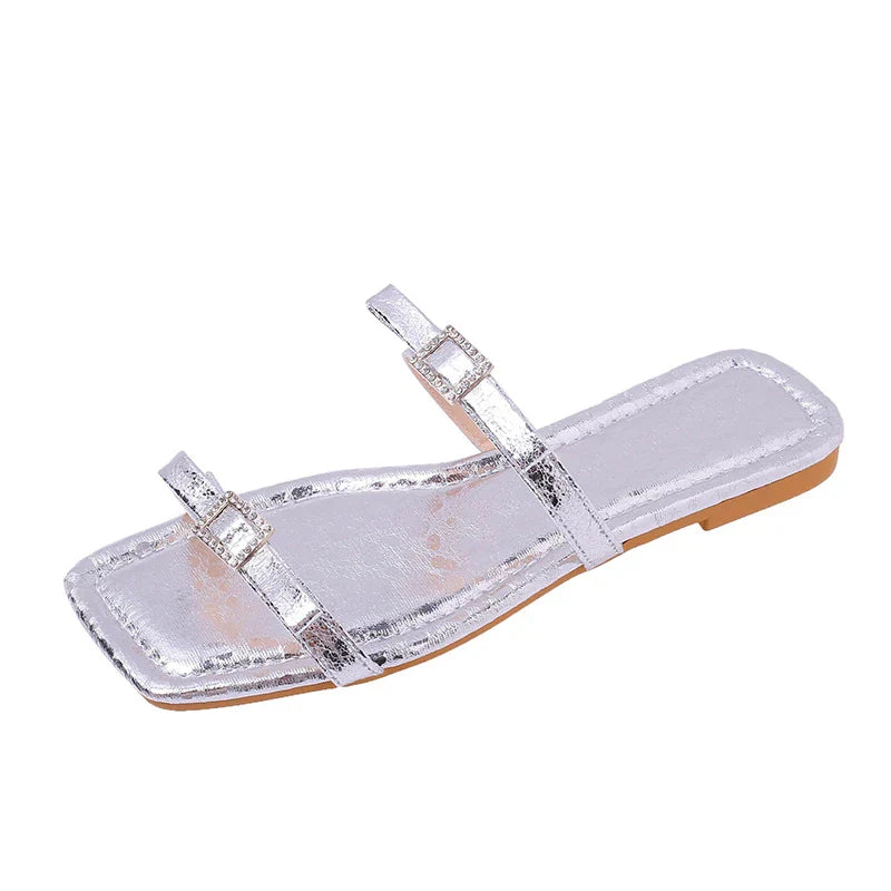 2024 New Summer Candy Leather Beach Shoes Woman Metal Decoration Women's Shoes Simple Slides Open Toe Low Heels Ladies Slippers