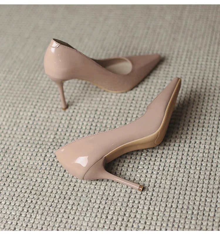 Autumn New Nude Lacquer Leather High Heels with Thin Heels Versatile Pointed Shallow Mouth Single Shoes