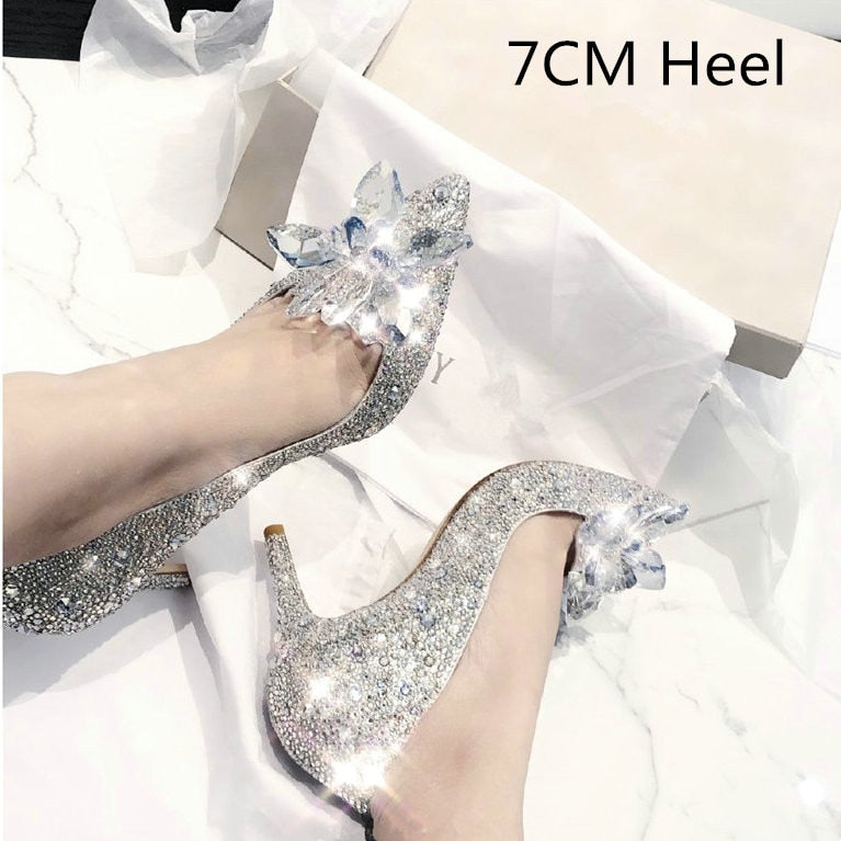 Cinderella Shoes Rhinestone High Heels Women Pumps Pointed toe Woman Crystal Party Wedding Shoes 5cm/7cm/9cm
