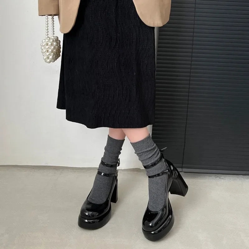 BACK TO SCHOOL 2024 High Heels Women's Spring Autumn Pumps Shoes Red Black Retro Thick Soled Mary Jane  Ankle Buckle 9cm Chunky