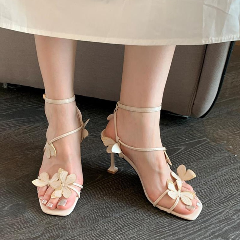 Butterfly Purple High Heeled Sandals Women Summer Casual Square Toe Sandals Woman Thin Heels Ankle Straps Party Shoes