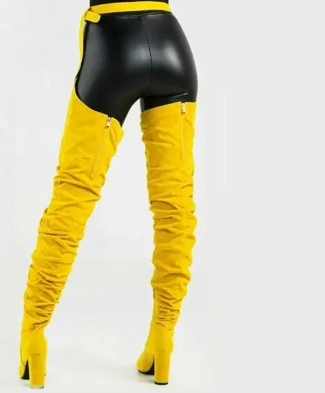 Women Sexy Side Zipper Thigh High Boots Female Belt Trousers Boots Ladies Flock Pointed Toe Suqare High Heels Boots