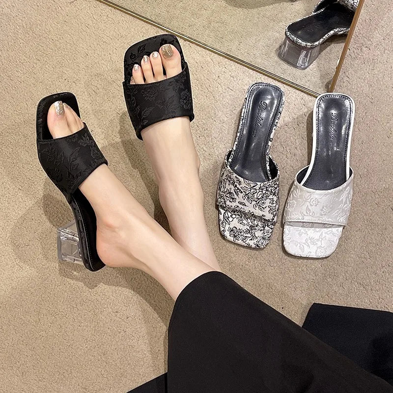 2024 Summer New Fashion Luxury Party Shoes for Women Sliders for Women Sexy Square Toe Heels for Woman Party Transparent Heels