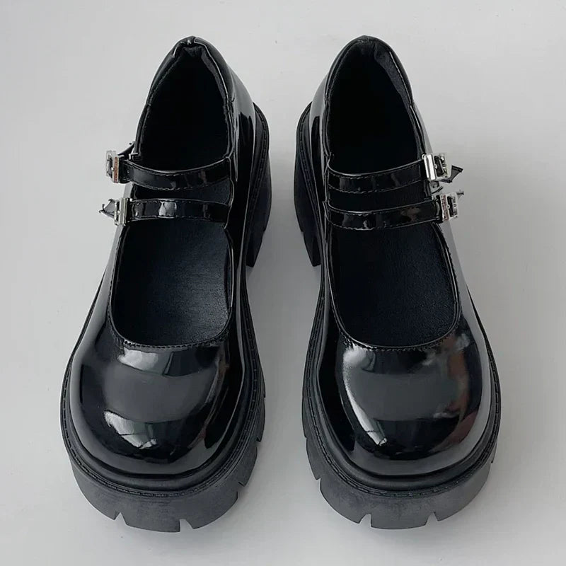 Chunky Platform Mary Jane Shoes Women Heart Buckle Strap Thick Heels Pumps Woman Black Patent Leather Lolita Shoes Laides