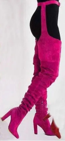 Women Sexy Side Zipper Thigh High Boots Female Belt Trousers Boots Ladies Flock Pointed Toe Suqare High Heels Boots
