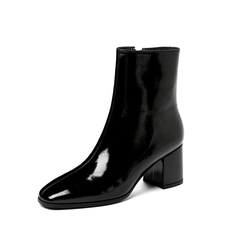 Autumn Women Fashion Square High Heels Zapatos De Mujer White Patent Leather Shoes Ankle Boots Black Woman Zipper