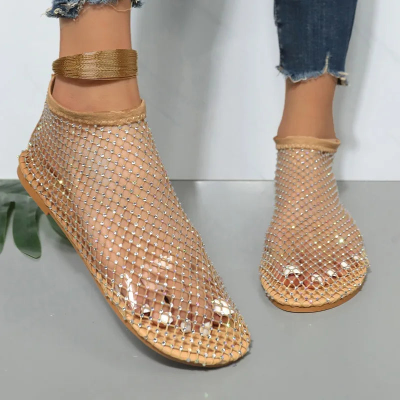 2024 New Summer Women's New Round Toe Flat Bottom Sandals Mesh Short Boots Water Diamond Sexy Flat Bottom Fashion Ladies Shoes