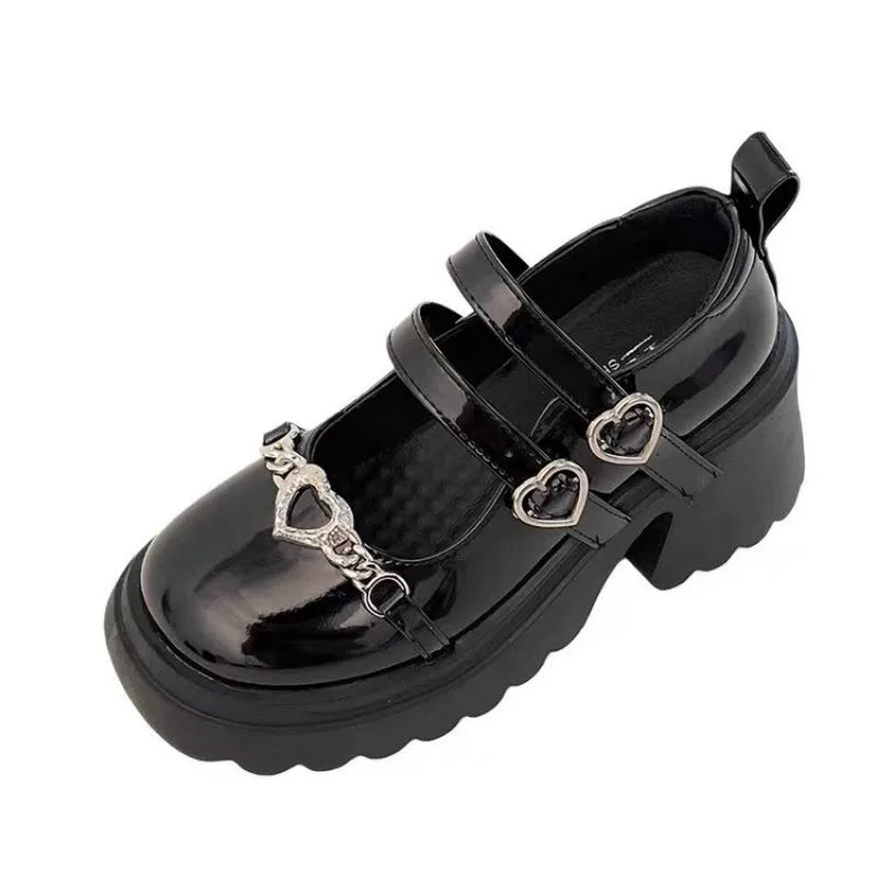 BACK TO SCHOOL 2024 Sweet Heart-Shaped Buckle Lolita Shoes Women Patent Leather Platform Mary Janes Woman Metal Decoration Chunky Heels Pumps