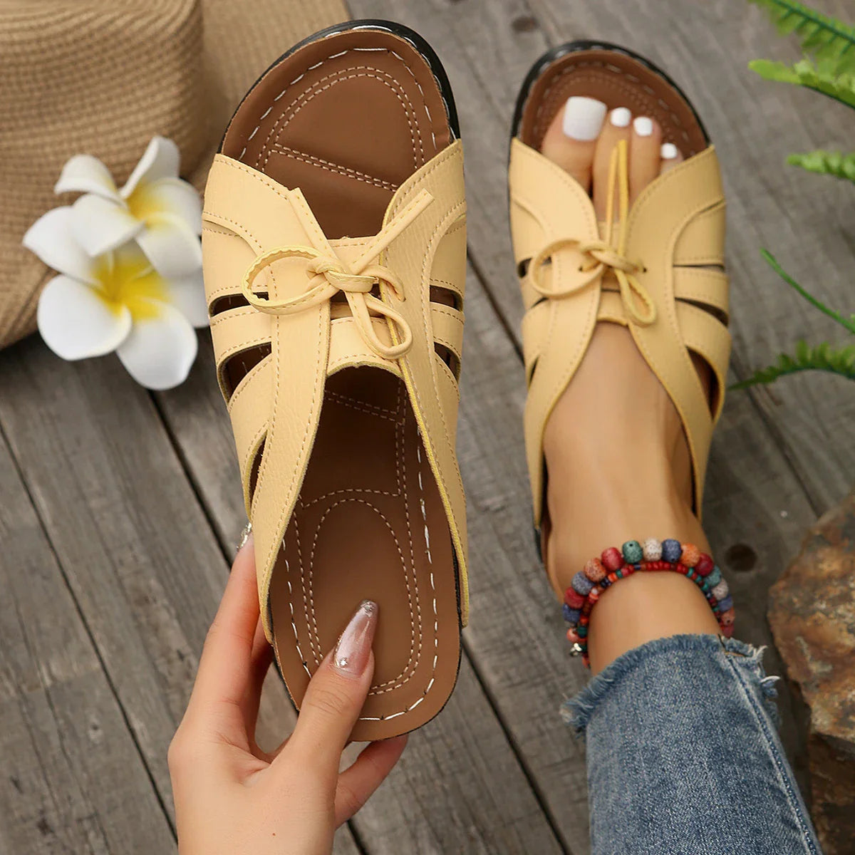 2024 Summer New Hot Women's Fashion Solid Color Open Toe Wedge Heel Sandals Outdoor Indoor Casual Comfortable Women Shoes