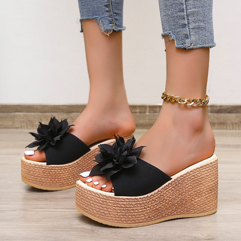 9cm Heels Summer Beach Platform Women Wedge Slippers Appliques Butterfly-knot Female Sandals Clog Shoes Slides Women