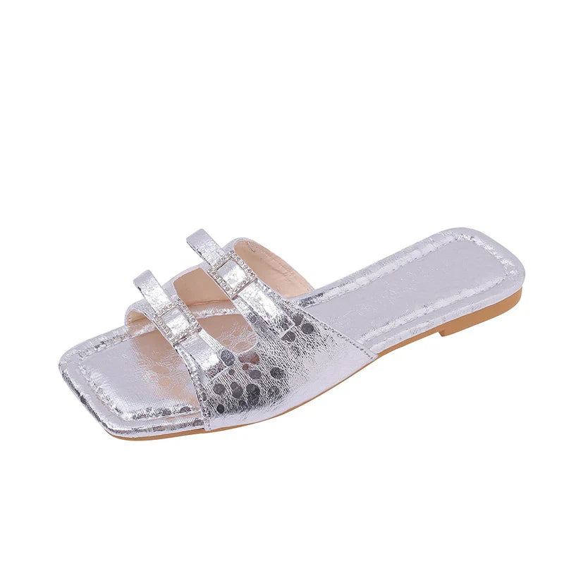 2024 New Summer Candy Leather Beach Shoes Woman Metal Decoration Women's Shoes Simple Slides Open Toe Low Heels Ladies Slippers