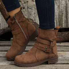 Retro Women's Cowboy Boots Autumn New Suede Low Heel Female Boots Luxury Belt Buckle Side Zip Design Mid-Calf Boots Size 43