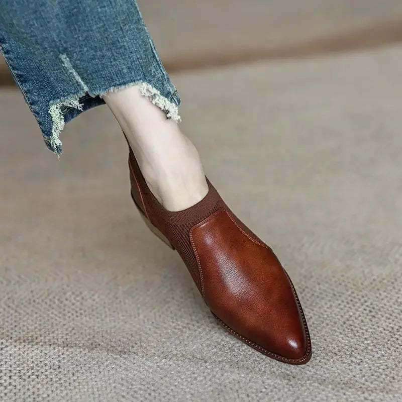 Autumn New Soft Work Shoes,Women Mid Heels,Stretch,Pointed Toe,Slip On,Brown,Khaki,British Style,35-40,Dropship