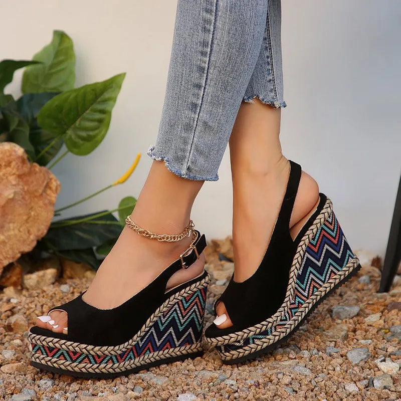 2024 Summer New European and American Fashion Simple Ethnic Style Slope Heel Sandals with One Button High Heel Women's Shoes