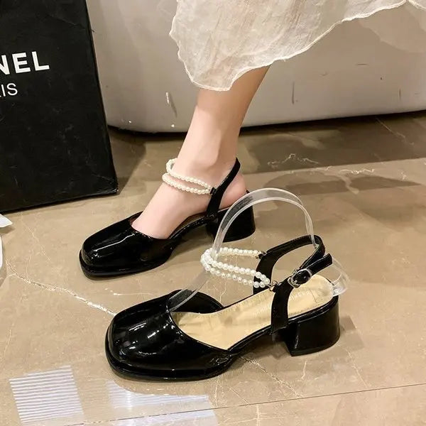 African Woman Shoe Mary Jane Summer High Heels Chunky Sandals Navy Blue Pumps Sweet 2024 Burgundy Straps Lolita Closed Black Bei