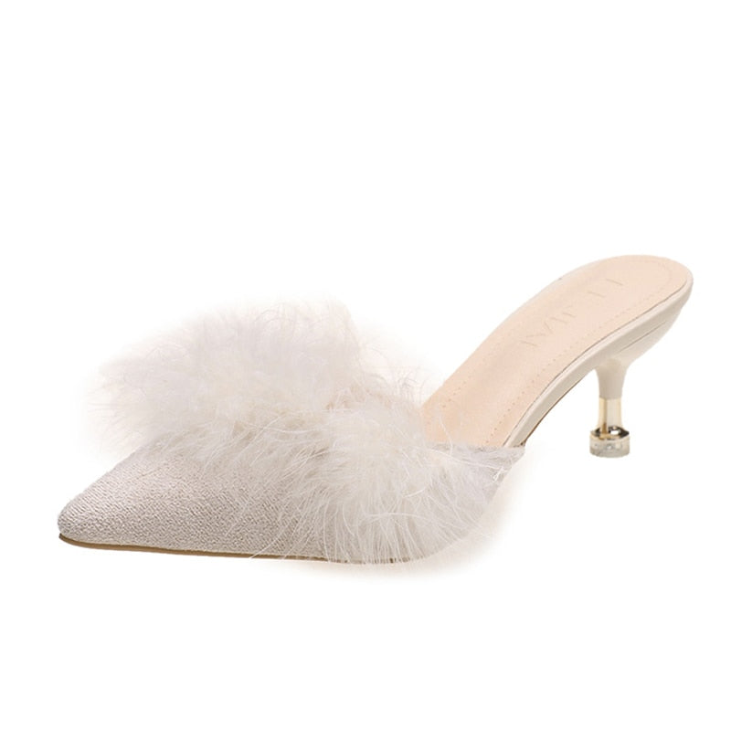 Blue High Heels Party Sandals Women Summer Pointed Toe Fur Slippers Woman Elegant Slip On Thin Heeled Shoes Outdoor Slides