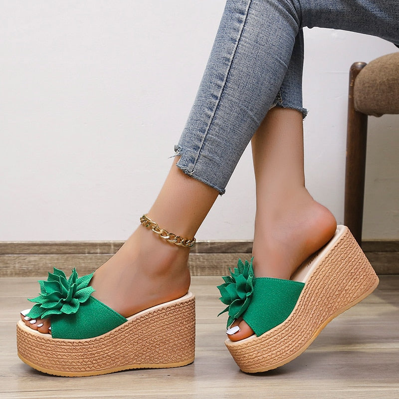 9cm Heels Summer Beach Platform Women Wedge Slippers Appliques Butterfly-knot Female Sandals Clog Shoes Slides Women