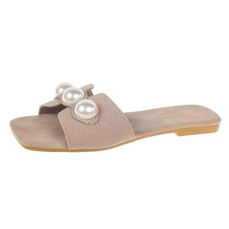 2024 New Fashion Pearl Flat Bottom Women's Slippers Lightweight Low Heel Beach Slippers Woman Outdoor Indoor Shoes Zapatos Mujer