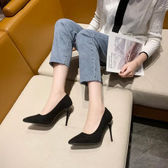 Hot Women High Heels New Sexy Slim Black Suede High Heels Banquet Womens Shoes Fashion Pointed High Heels Large Sizes Shoes