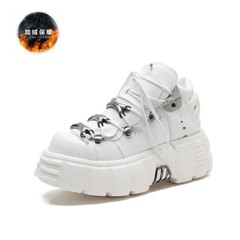 Brand Punk Style Women Shoes Lace-up heel height 6CM Platform Shoes Woman Gothic Ankle Boots Metal Decor Woman Sneakers