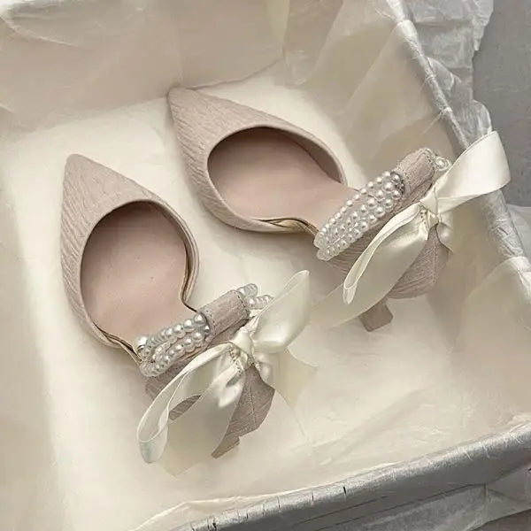 Beige Heeled Pump 2024 Women's Shoes Closed Toe Black High New Comfort Retro Block Pearl Clear Spring Girls Solid PU Pumps Co