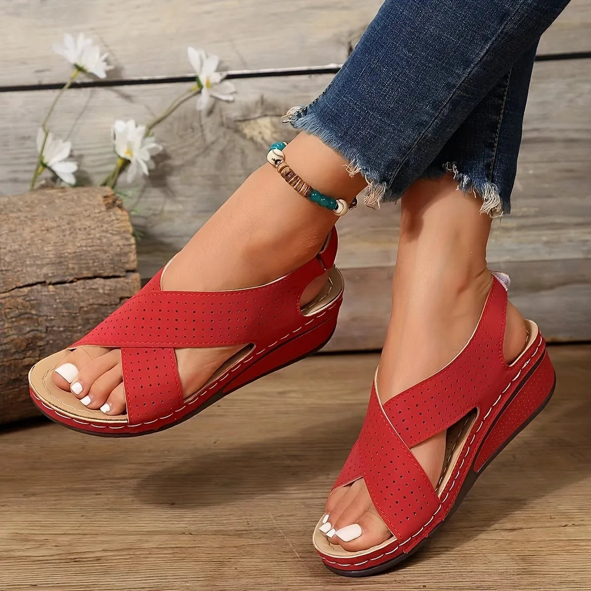 2024 Women Sandals Summer Ourdoor Middle heel Sandals Female Casual Plus Size 43 Shoes of Women's Socofy Retro Sandalis Woman