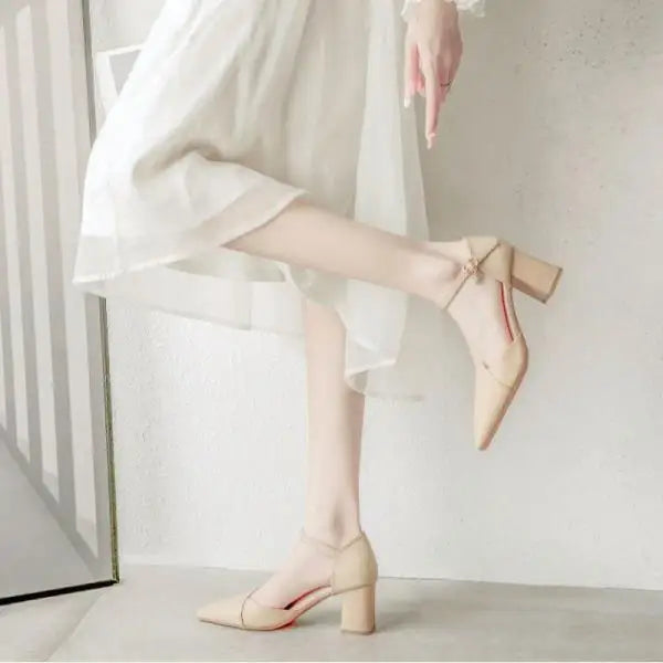 Beige Heeled Pump 2024 Women's Shoes Closed Toe Black High New Comfort Retro Block Pearl Clear Spring Girls Solid PU Pumps Co