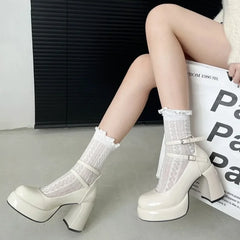 BACK TO SCHOOL 2024 High Heels Women's Spring Autumn Pumps Shoes Red Black Retro Thick Soled Mary Jane  Ankle Buckle 9cm Chunky