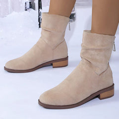 Autumn Womens Solid Pleated Ankle Boots Fashion Faux Suede Square Heel Boots Ladies Round Toe Back Zipper Office Shoes Boats