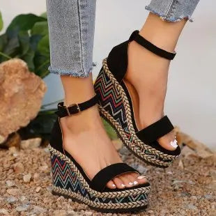 2024 Summer New European and American Fashion Simple Ethnic Style Slope Heel Sandals with One Button High Heel Women's Shoes