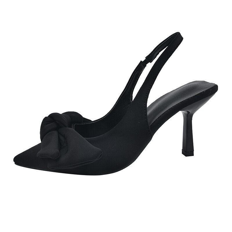 Bowtie Slingbacks High Heels Pumps Women Summer Elegant Pointed Toe Party Shoes Woman Solid Thin Heeled Mules Sandals Mujer