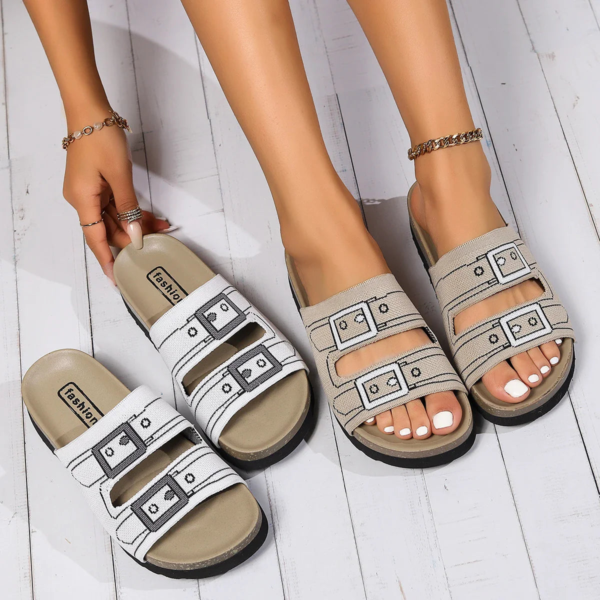 Women's Knitted Slippers 2024 Summer Hot Sale Flat Sandals Beach Open Toe New Fashion Thick Soled Casual Dress Women's Slippers