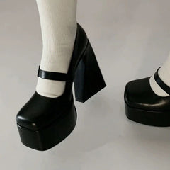 Black Mary Janes Super Thick High Heels Platforms Pumps Buckle For Women Casual Spring Summer Shallow Party Chunky Shoes Ladies