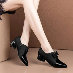 5cm Deep Mouth High Heels Women's Spring Autumn New Fashion Bow Versatile Elegant Pointed Thick Heel Single Shoes Women