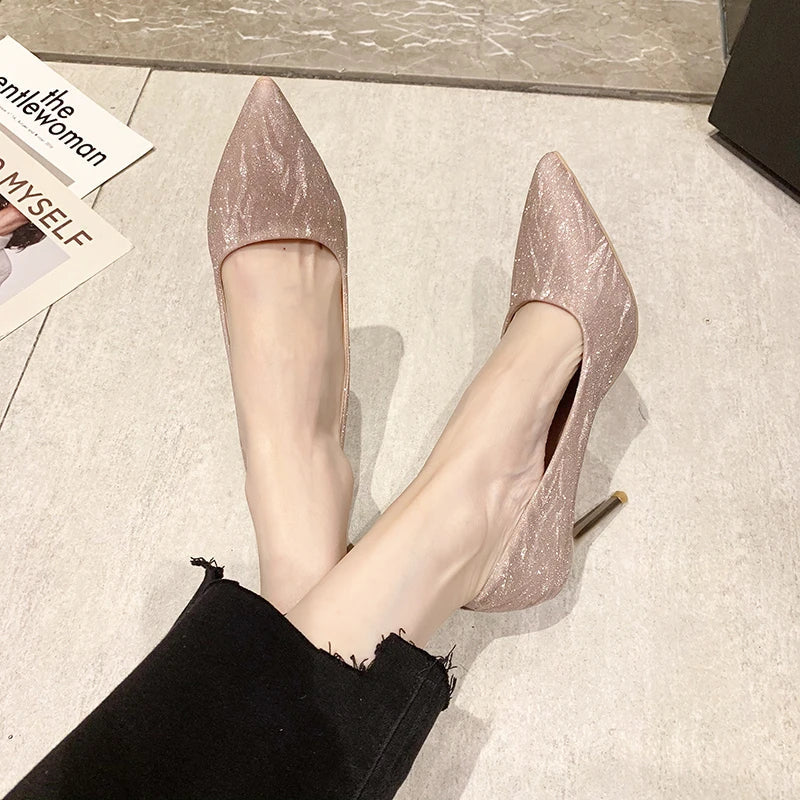 2024 Summer New Luxury Gold Silver Women's High Heels Pointed Toe Sequin Heels Party Wedding Shoes 35-42