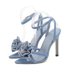 CRYSTAL Flower Ankle Buckle Strap Thin Heels Denim Sandals Women's Pointed Toe Party Female Shoes Sandalias Mujer