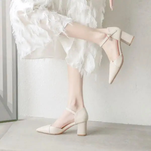 Beige Heeled Pump 2024 Women's Shoes Closed Toe Black High New Comfort Retro Block Pearl Clear Spring Girls Solid PU Pumps Co
