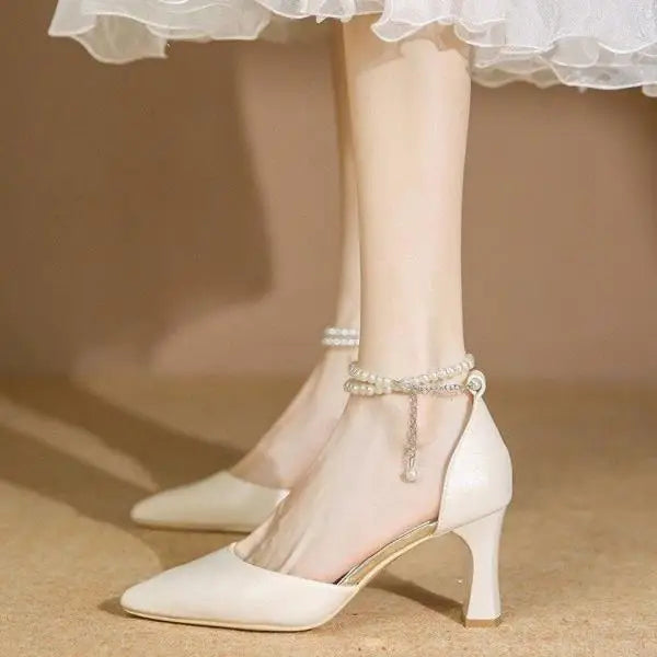 Beige Heeled Pump 2024 Women's Shoes Closed Toe Black High New Comfort Retro Block Pearl Clear Spring Girls Solid PU Pumps Co