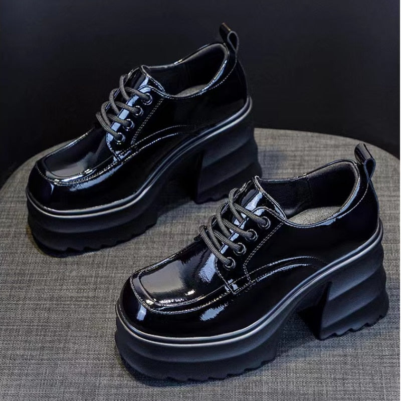 Coarse Heel Small Leather Shoes Women's British Style New Thick Sole Muffin Shoes Wedge Heel High Heel Single Shoes Women
