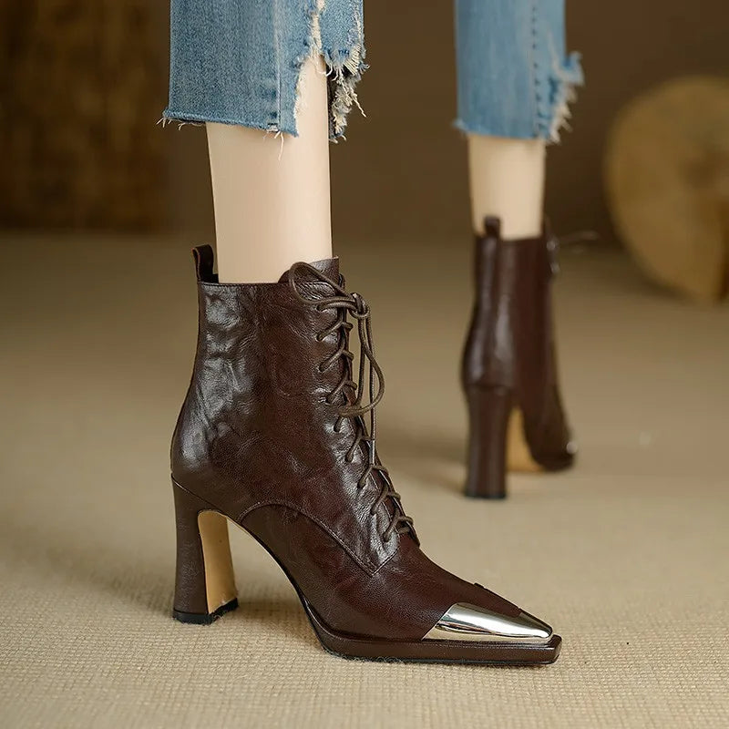 2024 Autumn Women Boots Square Toe High Heel Women Leather Shoes Women Suede Ankle Boots Winter Solid Elegant Modern Boots