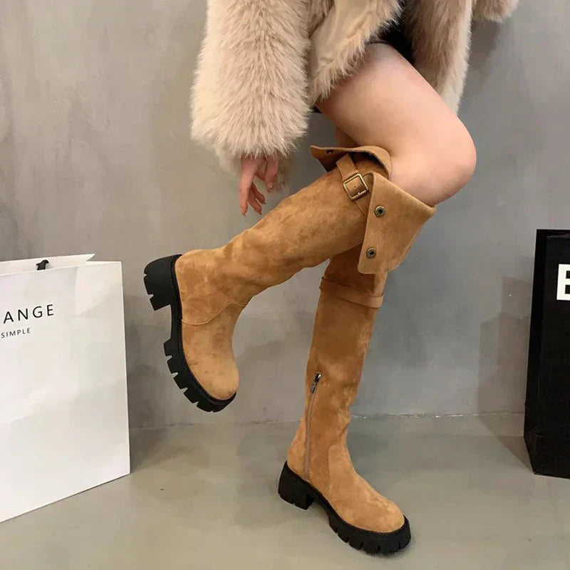 Autumn Winter Platform Women Over The Knee High Boots Fashion Slip On Thick Heels Shoes Ladies Knight Long Botas De Mujer